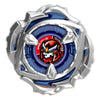 A silver and blue precision metal spinning top with an intricate design.