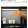 An induction lamp illuminates a cabinet interior, demonstrating ultra-long distance sensing within 3 meters and a 120-degree 