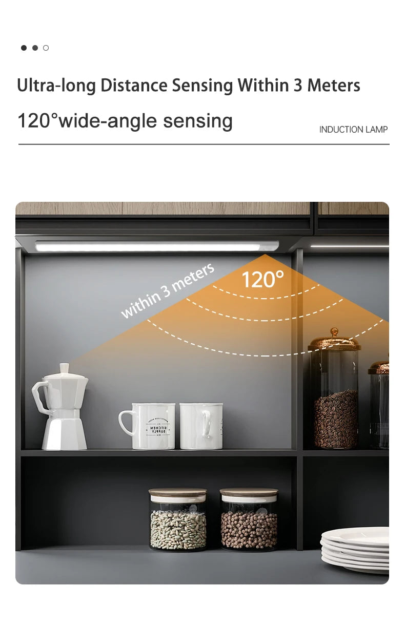An induction lamp illuminates a cabinet interior, demonstrating ultra-long distance sensing within 3 meters and a 120-degree 