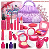 A pink princess pretend makeup kit includes various makeup tools and a purple storage purse.
