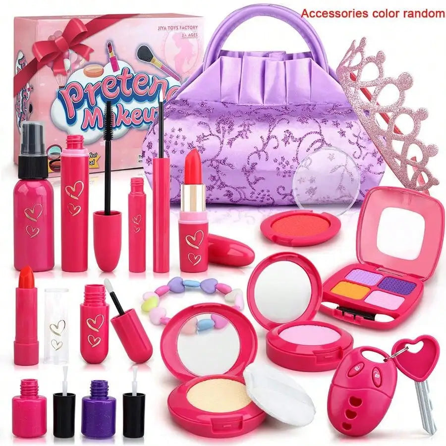 A pink princess pretend makeup kit includes various makeup tools and a purple storage purse.