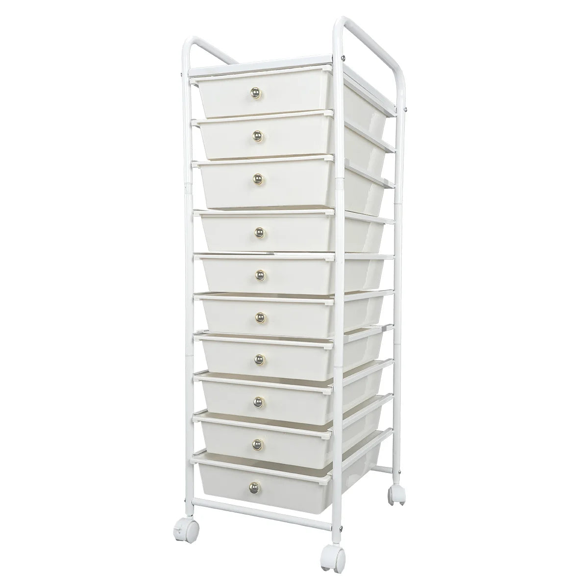 A white rolling storage cart with ten drawers on a metal frame.