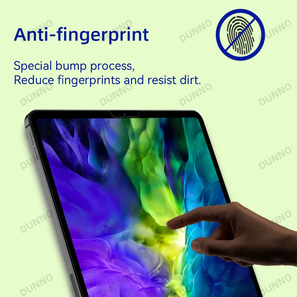 A hand touches a tablet screen featuring an anti-fingerprint screen protector.