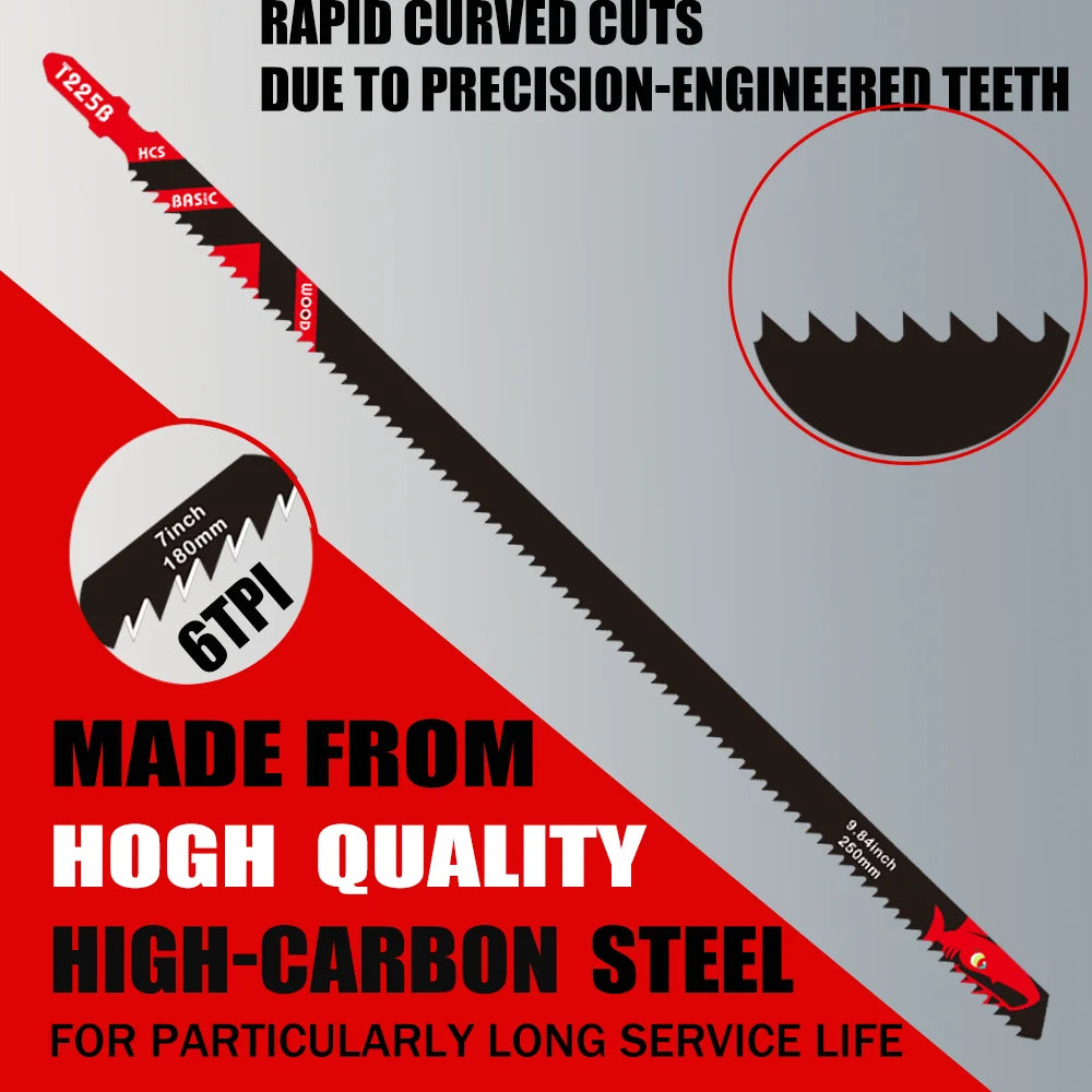 A close-up view of a single high-carbon steel jigsaw blade labeled 6TPI, designed for precision cutting.