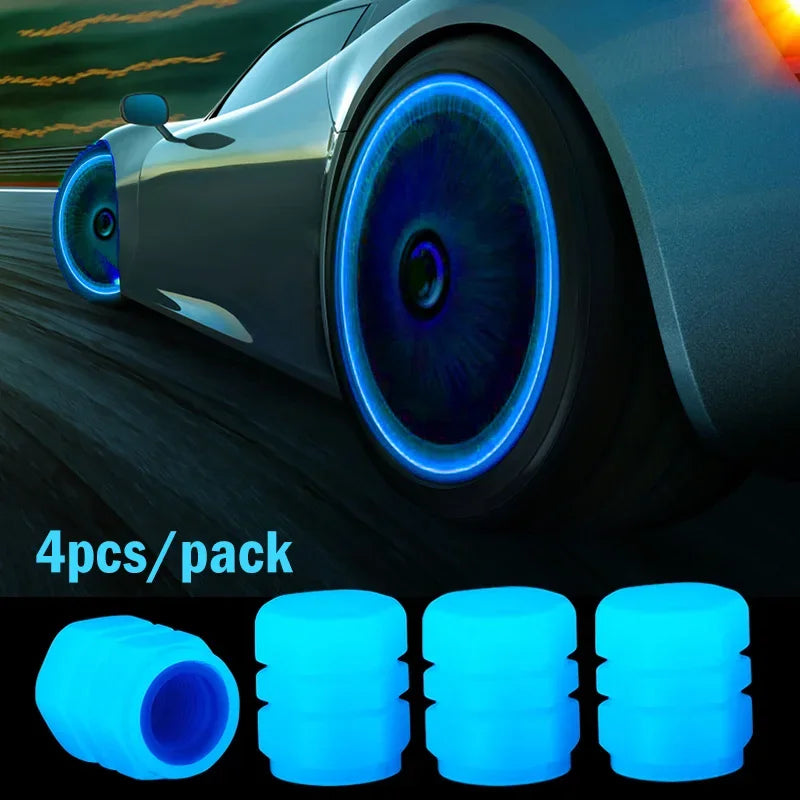 Pack of four luminous blue glow-in-the-dark tire valve caps shown next to a modern car wheel.