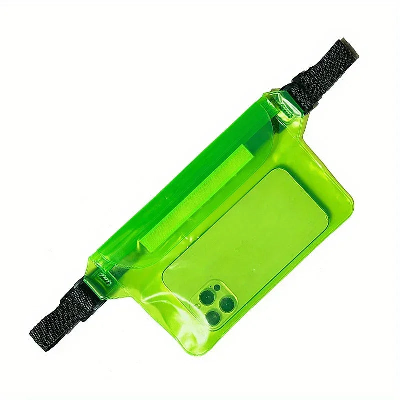 A lime green waterproof phone waist pouch with a black strap and touchscreen visible from above.