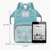 A light blue bear print waterproof diaper backpack next to an iPad mini tablet.