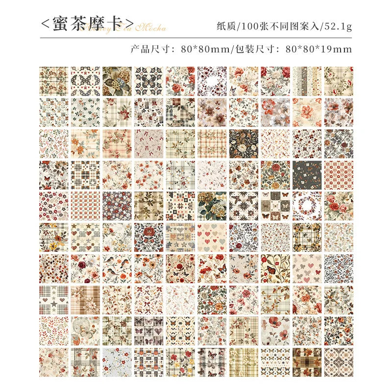 A grid display of assorted vintage floral and patterned scrapbook paper sheets for crafting and journaling.