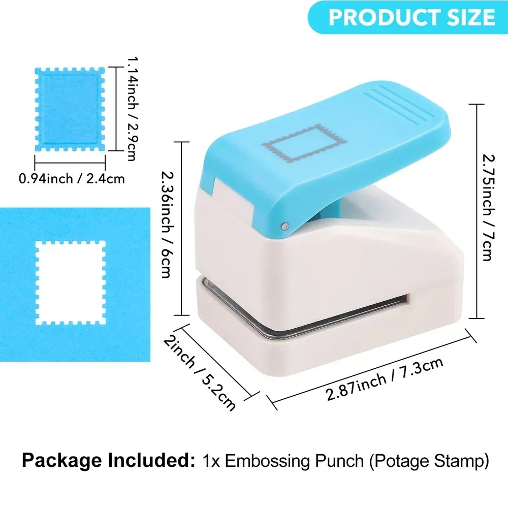 A light blue embossing punch tool with a white stamp, showing its dimensions and packaging details.