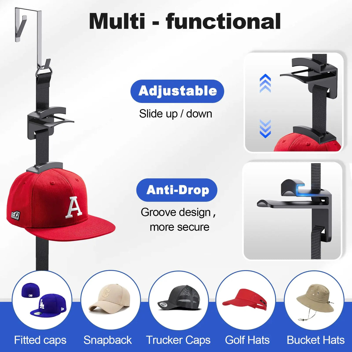 A multi-functional hat organizer featuring adjustable slide up/down hooks for various hats like baseball caps and bucket hats