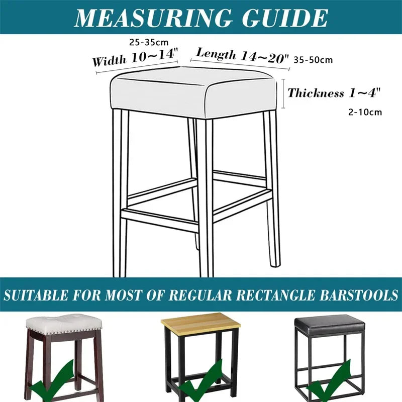 Measuring guide for a bar stool showing dimensions for width, length, and thickness.