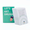 A stack of cards for the Let's Get Drunk card game featuring a green box and white cards.