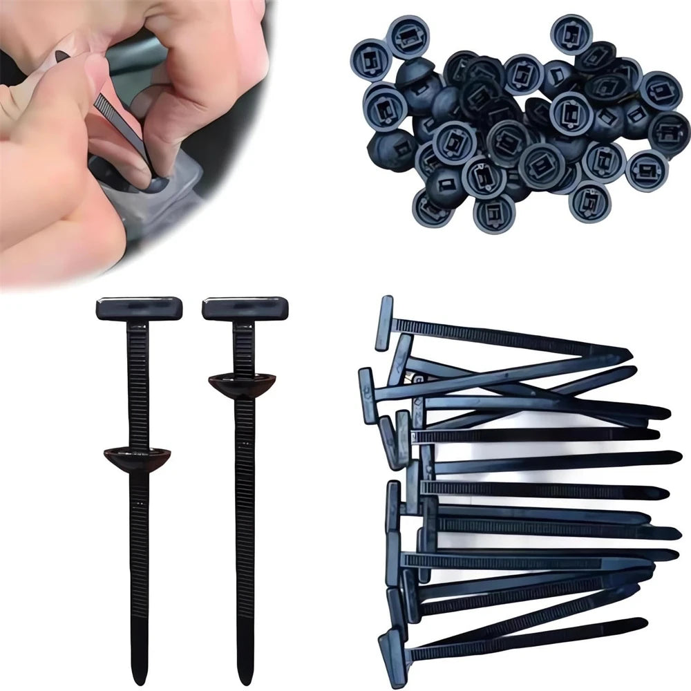 A set of black self-locking nylon cable ties and push clips shown in various forms.