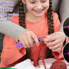 A girl is demonstrating an LED lighting effect on a crochet hook set while knitting with adults.