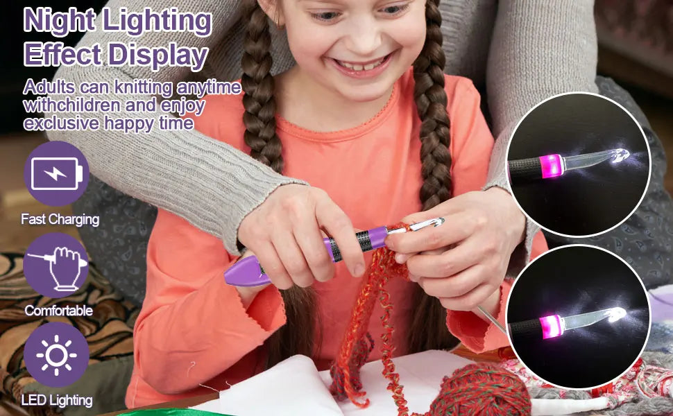 A girl is demonstrating an LED lighting effect on a crochet hook set while knitting with adults.