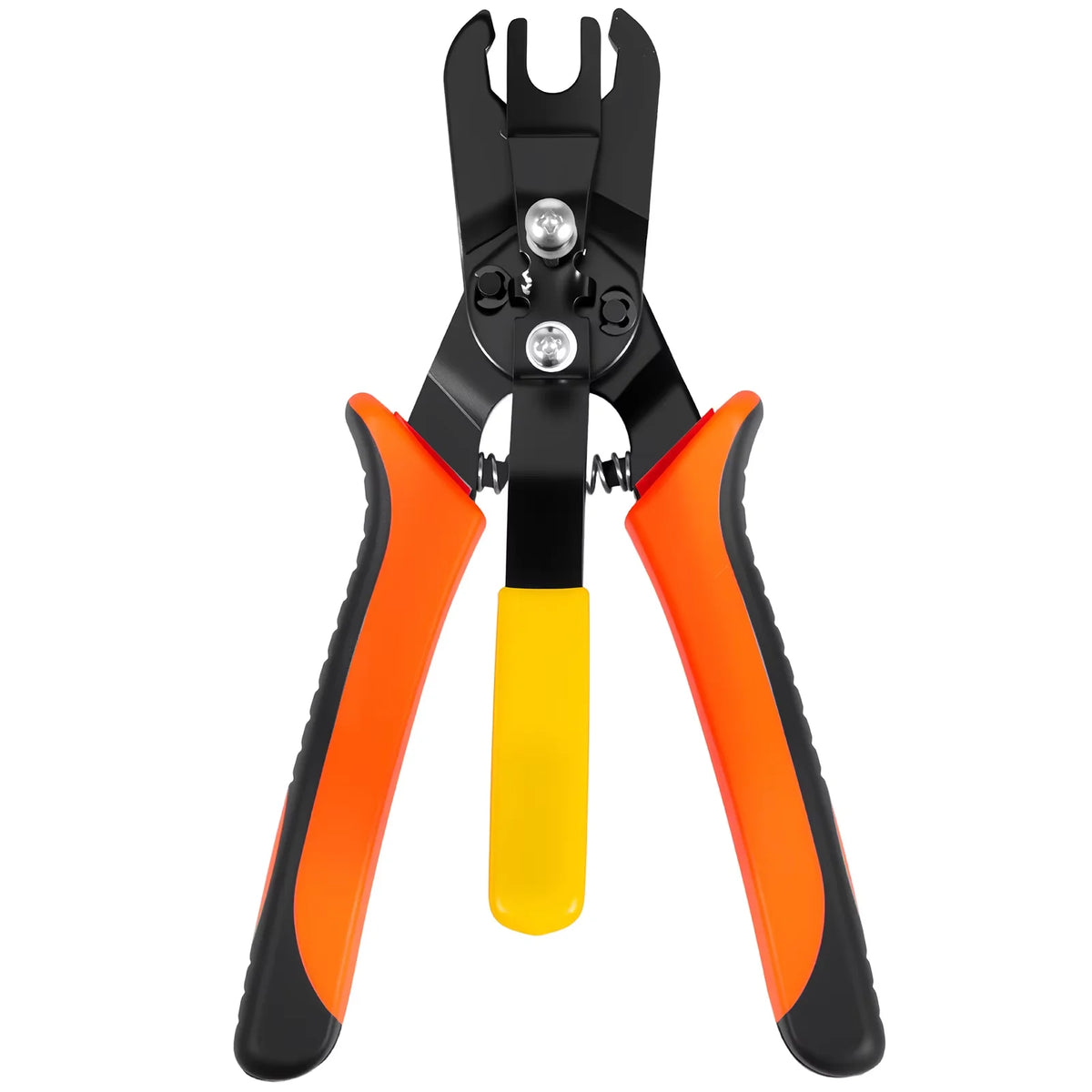 Ein Paar schwarze pneumatische Trennschlüssel mit leuchtend orangefarbenen und gelben Griffen.