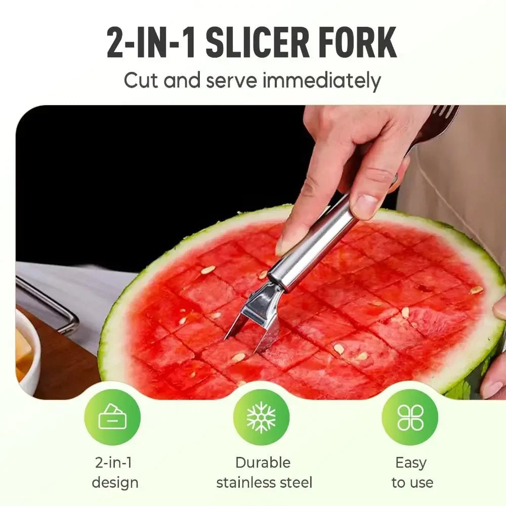 A hand uses a 2-in-1 slicer fork to cut a watermelon, demonstrating its dual design and ease of use.