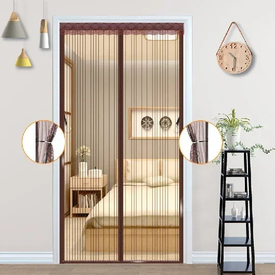 A magnetic screen door with a mesh curtain is shown in a bedroom setting.