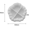 A white silicone tray mold with a fluted edge and a cross-shaped depression, shown with dimension lines.