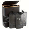 A dark laundry hamper with a lid and three removable mesh bags for separating hot wash, light, dark, and hand wash items.