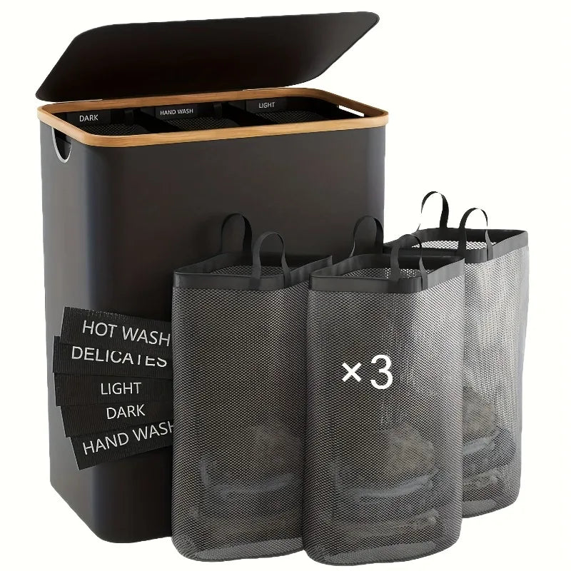A dark laundry hamper with a lid and three removable mesh bags for separating hot wash, light, dark, and hand wash items.