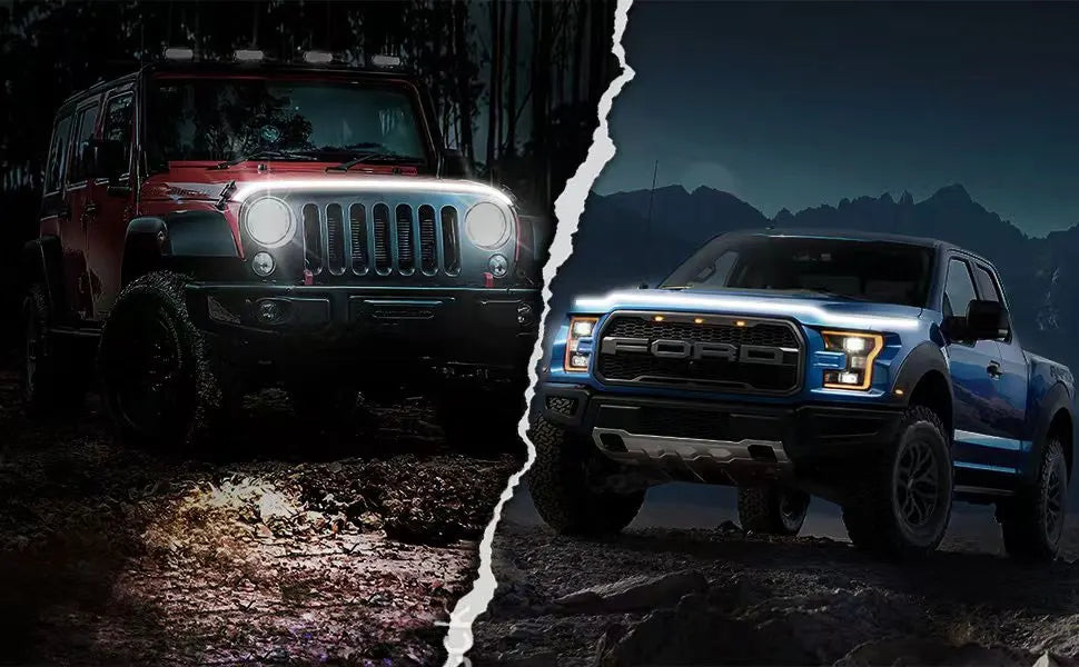 A split image showing a Jeep and a Ford truck with dynamic LED accent lighting.