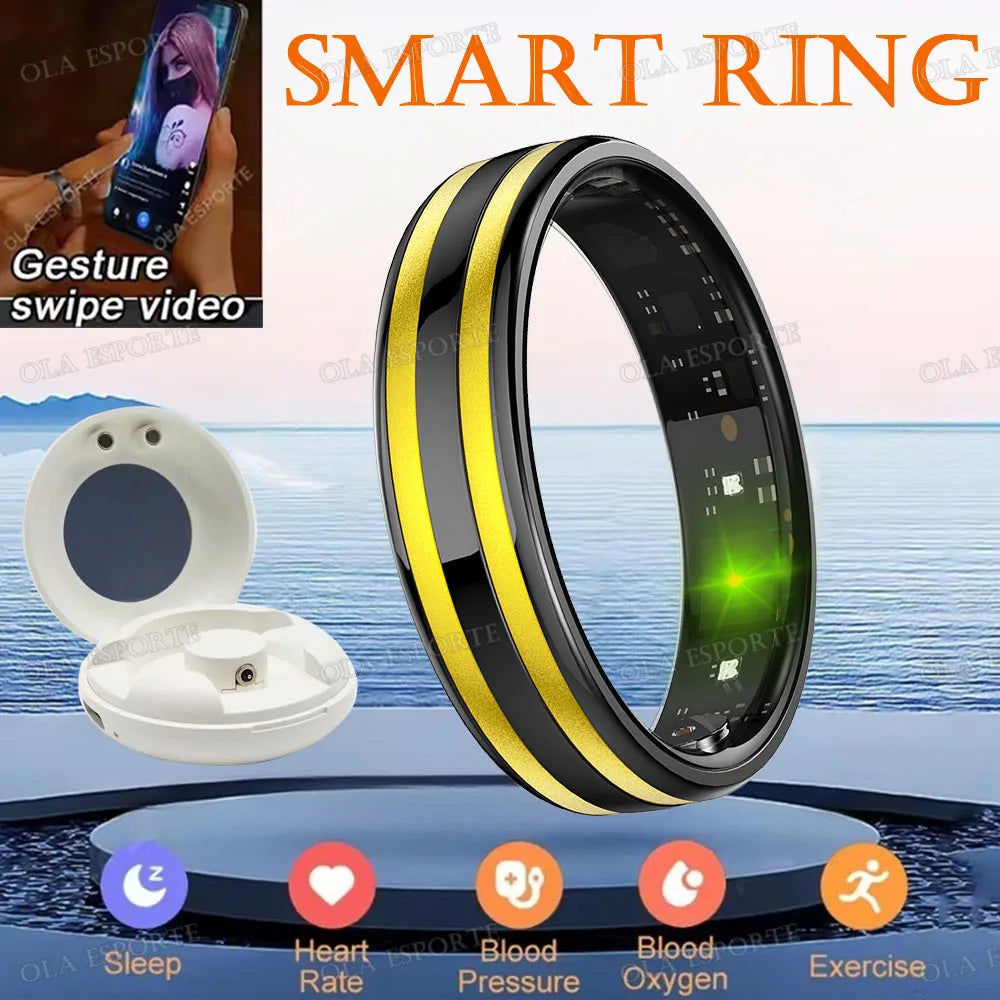 A black smart ring is shown next to a white charging case, with icons for sleep, heart rate, blood pressure, oxygen, and exer