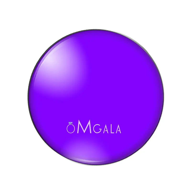 A round, glossy purple glass photo cabochon for jewelry making.