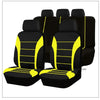 A set of black memory foam seat cushions with yellow accents for various vehicles.