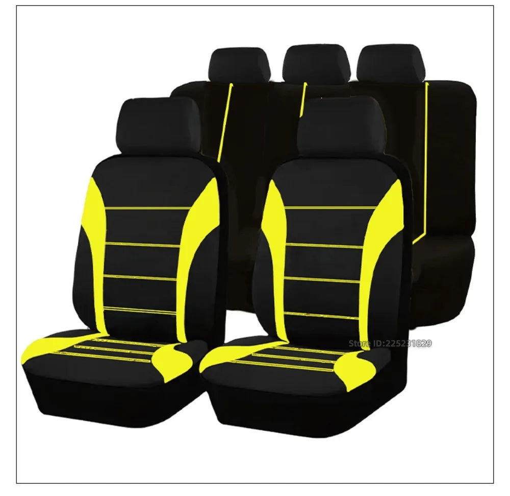A set of black memory foam seat cushions with yellow accents for various vehicles.