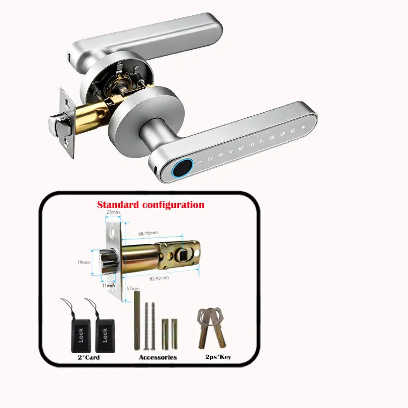 A silver smart fingerprint door handle lock mechanism with a long lever and accessories shown in a standard configuration.