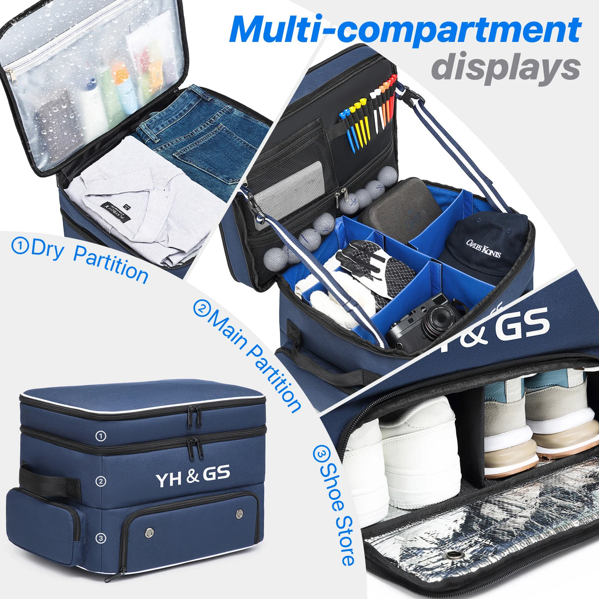A multi-compartment display organizer for golf equipment and shoes featuring dry and main partitions.
