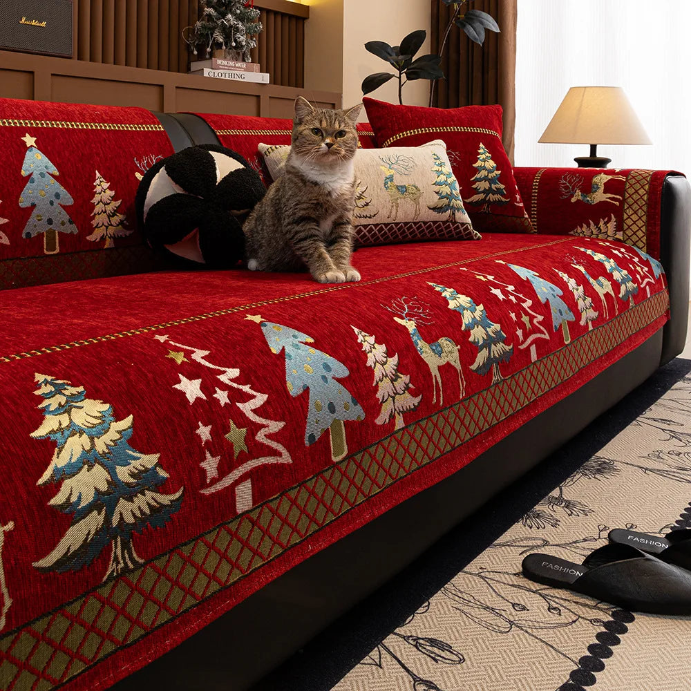Festive Chenille Christmas Sofa Cover with Deer & Tree Pattern