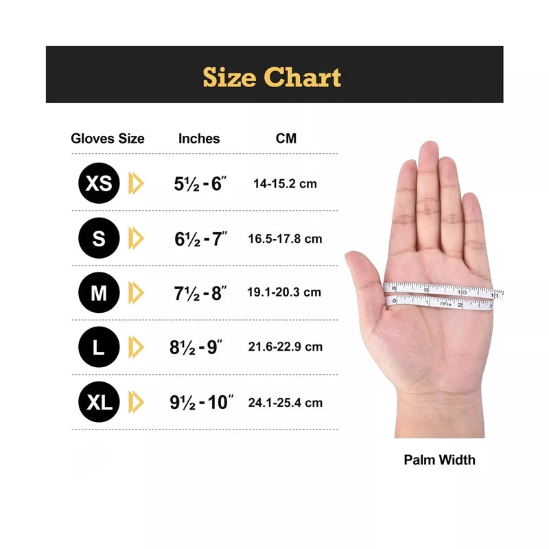 Size chart for heavy duty disposable nitrile cleaning gloves showing measurements in inches and centimeters.