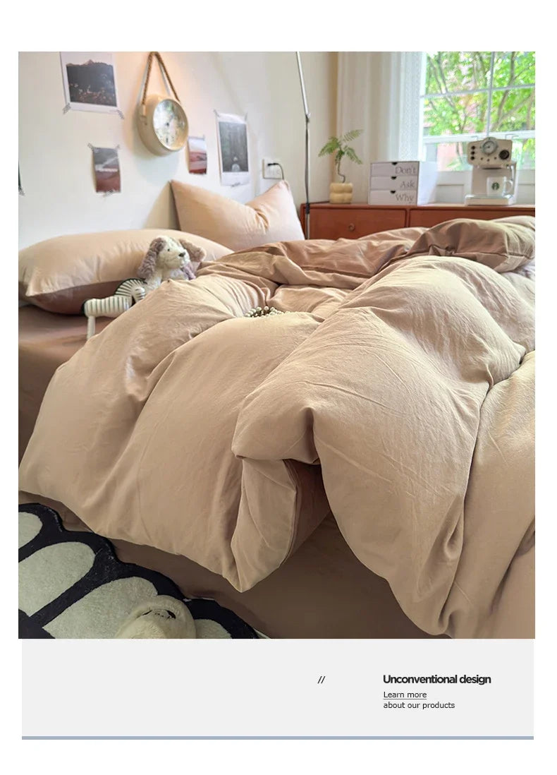 A beige duvet cover set is displayed on a bed, featuring soft, skin-friendly bedding and natural light.