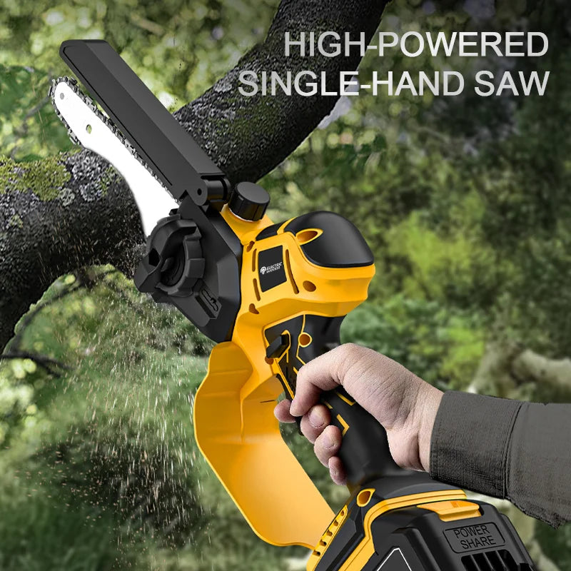A hand is operating a yellow and black high-powered single-hand saw while cutting through a tree branch.