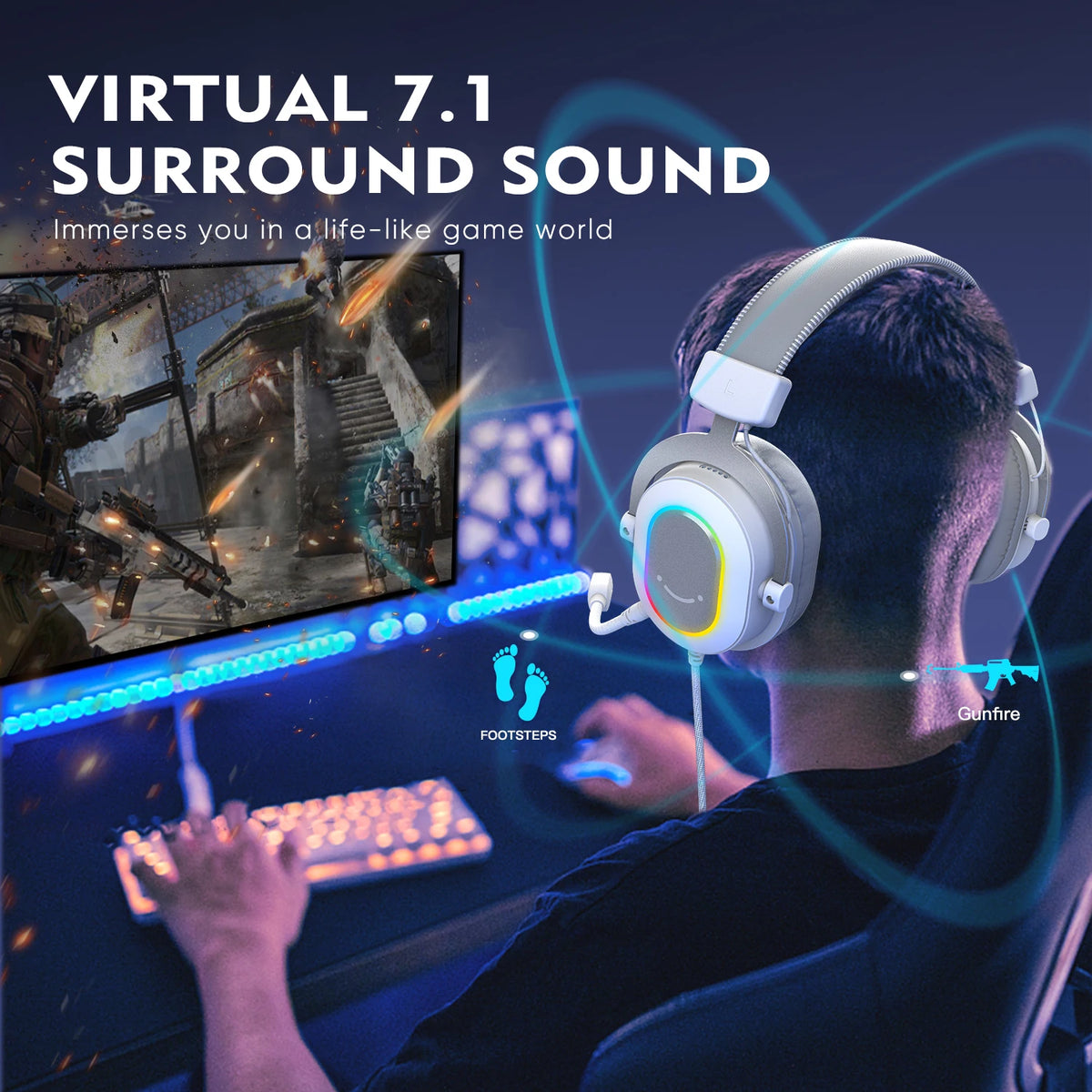 RGB Gaming Headset with 7.1 Surround Sound and Detachable Microphone