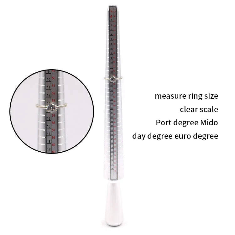 A metal ring sizing gauge with a clear scale used to measure ring size in degrees.