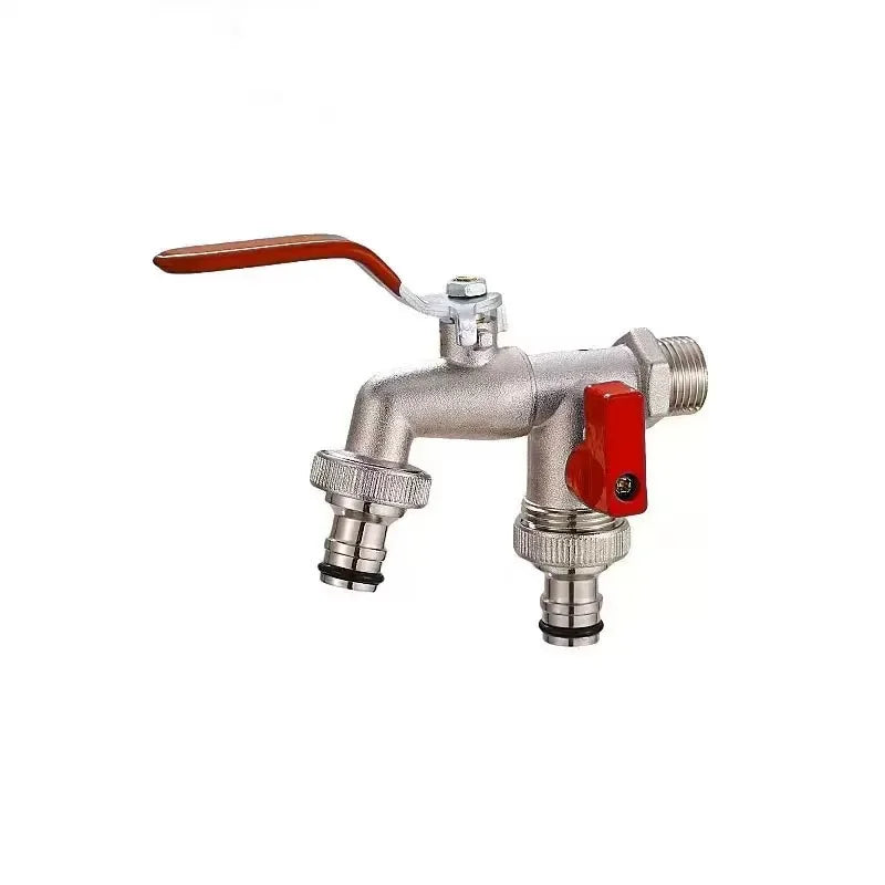 A brass garden water faucet with a lever handle and red accents.