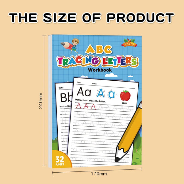 A workbook titled ABC Tracing Letters shows examples of tracing letters like Aa and Appple on a page.