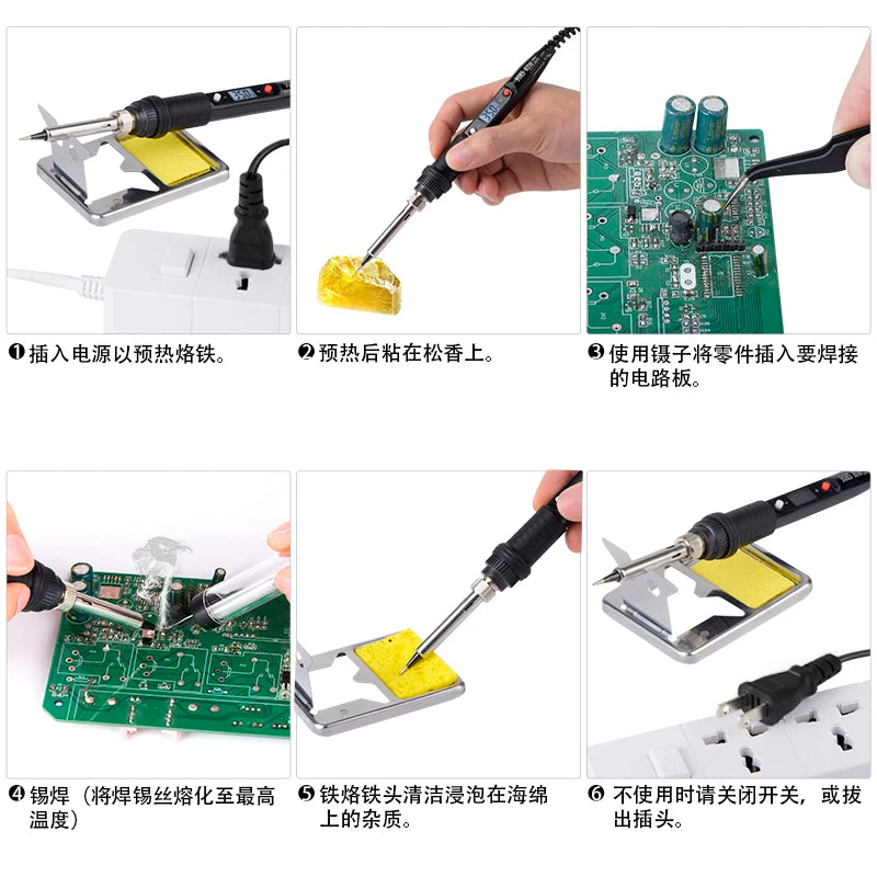 A soldering iron setup showing the iron, tip, and soldering work on a circuit board.