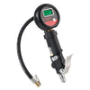 A black digital tire pressure gauge with an inflation gun and LCD display.