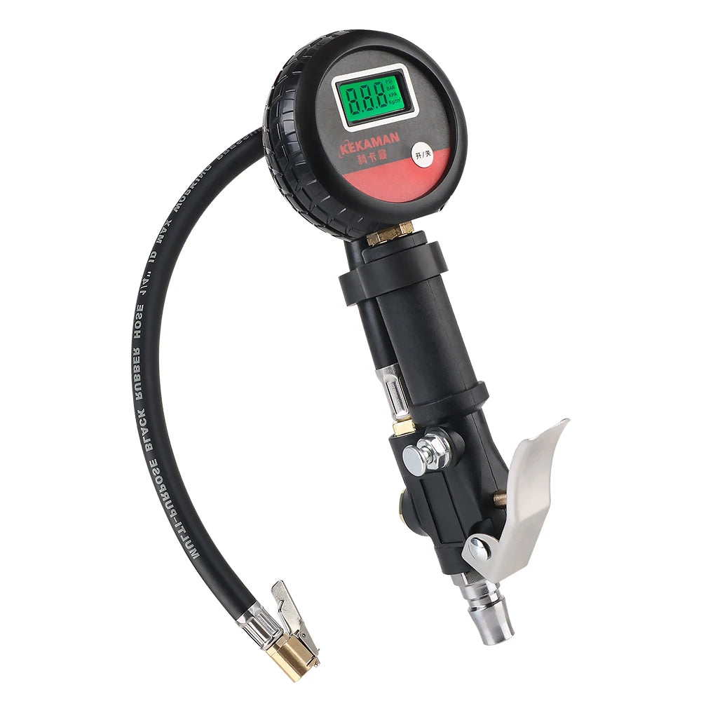 A black digital tire pressure gauge with an inflation gun and LCD display.