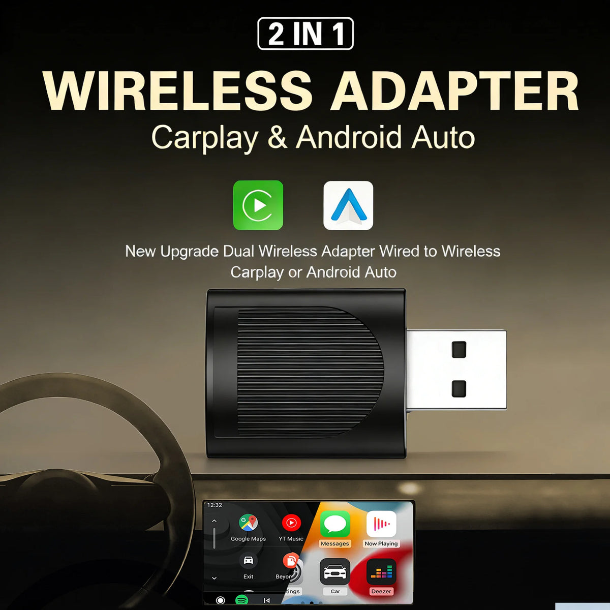 Adaptador inalámbrico negro junto a un smartphone, diseñado para CarPlay y Android Auto.