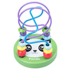 A wooden bead maze toy with purple and blue colored strings and stacked beads for toddlers.