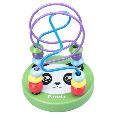 A wooden bead maze toy with purple and blue colored strings and stacked beads for toddlers.