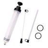 A clear manual fluid extractor and injection pump with a long white hose and fittings.