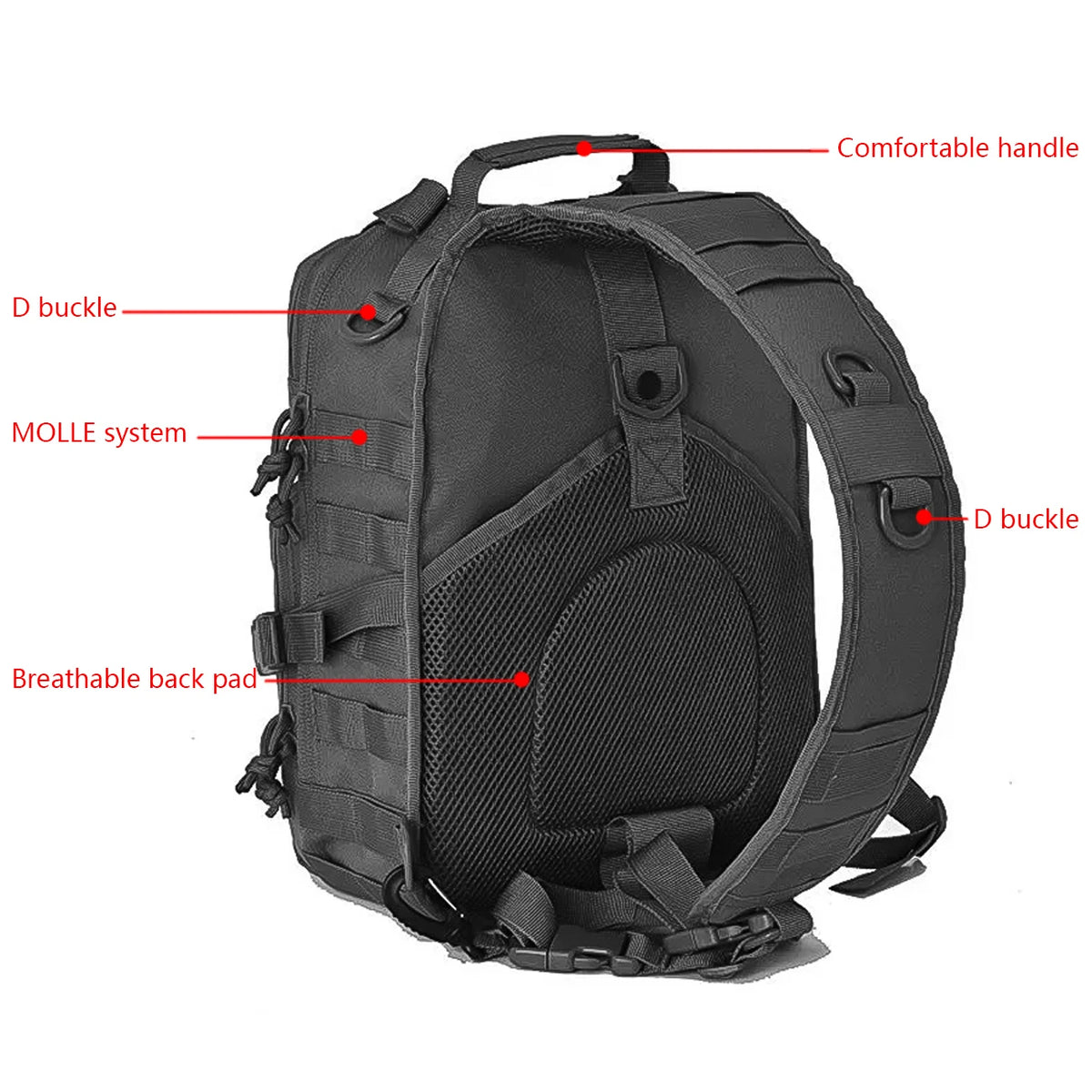 Black crossbody chest bag featuring a comfortable handle, D buckles, and a breathable back pad.