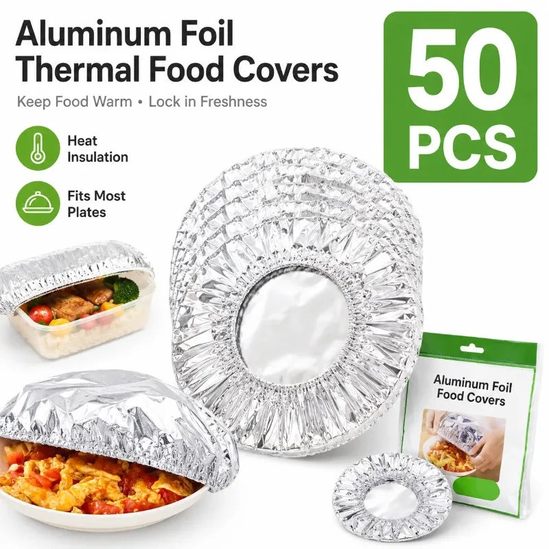 A set of 50 aluminum foil thermal food covers, including a large round cover and smaller individual covers.
