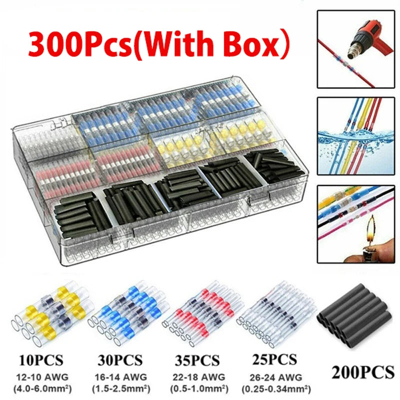 A storage box containing 300 pieces of waterproof solder seal wire connectors categorized by AWG size.